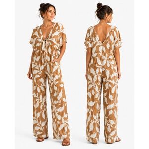 Anewsta Wide Leg Jumpsuit Womens XL Tan White Leaf Print V-Neck Boho Tropical